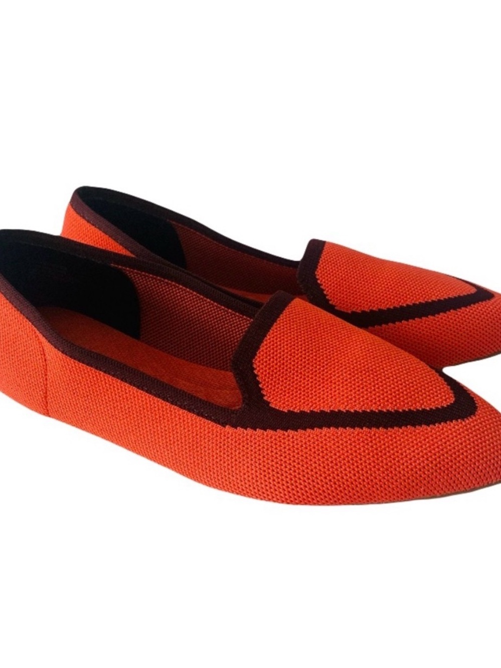 Birdies Bright Orange Knit Pointed-Toe Flats with Black Trim